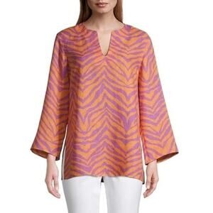 Lafayette 148 Hawley Linen Tunic XL Tiger Striped Blouse Top Resortwear Beachy